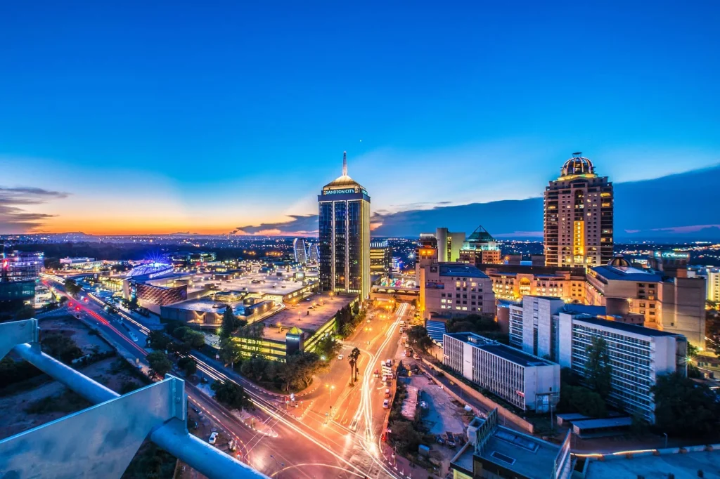 Sandton City skyline at sunset